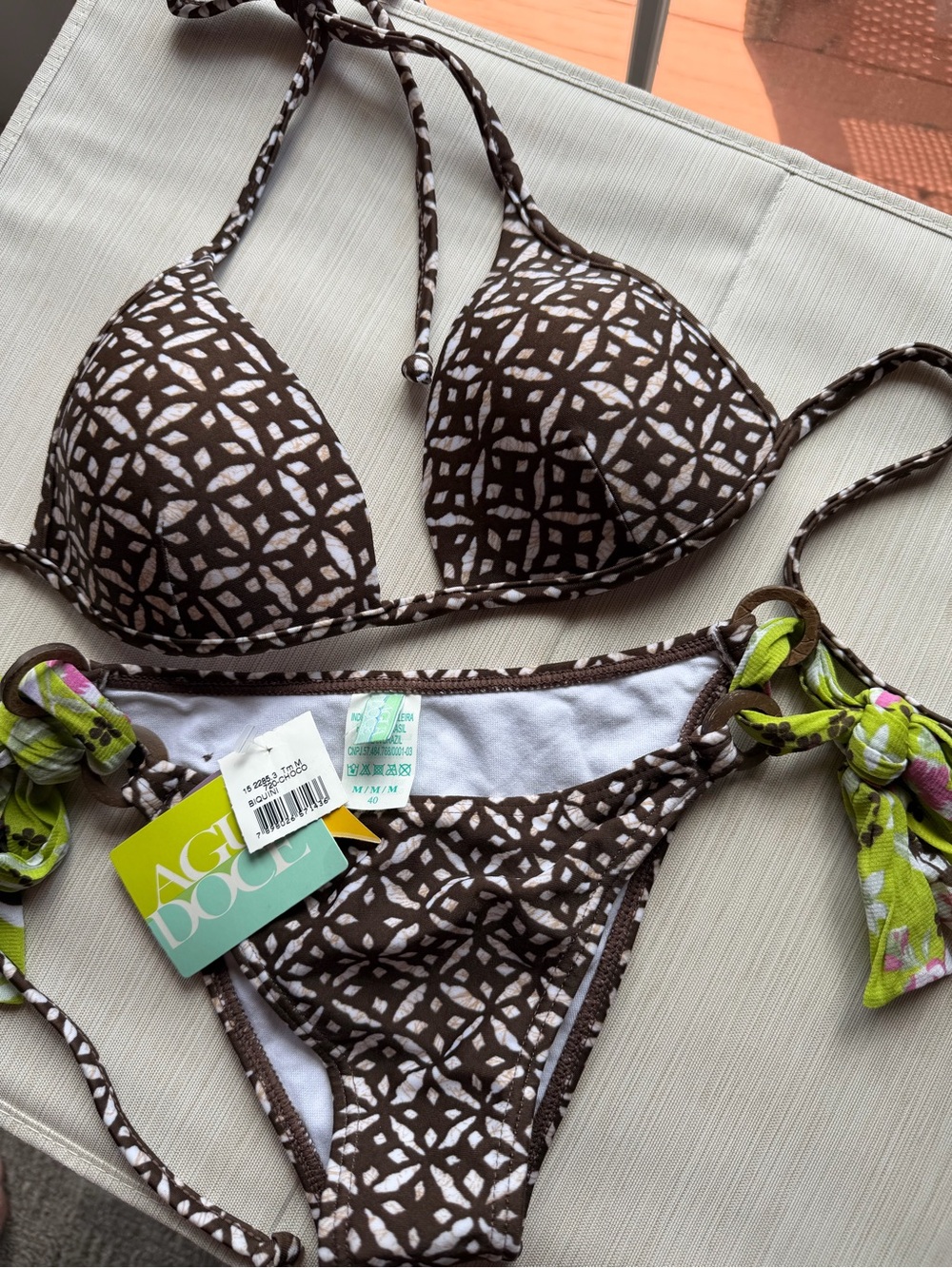 Agua Doce NWT Bikini Set | Brown Geometric Print Tie-Side Bikini Lime Accent